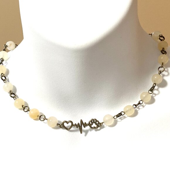 Natural Yellow Aventurine Necklace, Bronze Paw Print Heart Beat+Genuine Gemstone - Picture 2 of 14